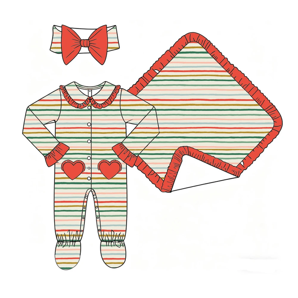 Boutique Girls' Blanket and Romper Lapel Ruffle Buttons Love Pocket Binding Feet Christmas Collection Print Custom Patterns