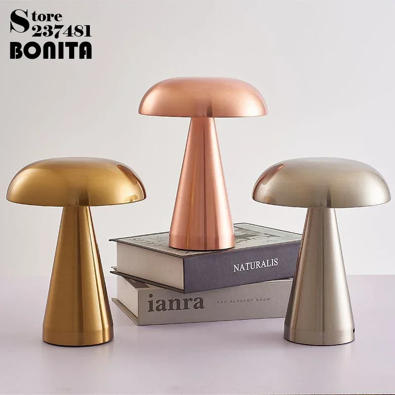 Electroplated Metal Small Table Lamp USB Charging Touch Switch Bedroom Bar Atmosphere Stepless Dimming Mushroom Table Light