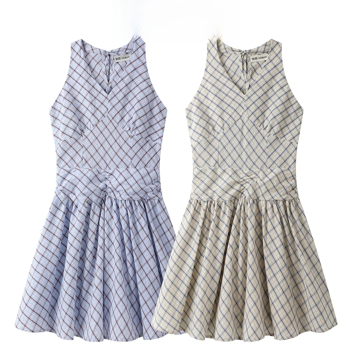 Vestido Sem Mangas Estilo A-Line Retro Doce e Picante com Estampa Xadrez Novo Estilo de Verão com Cintura Ajustável