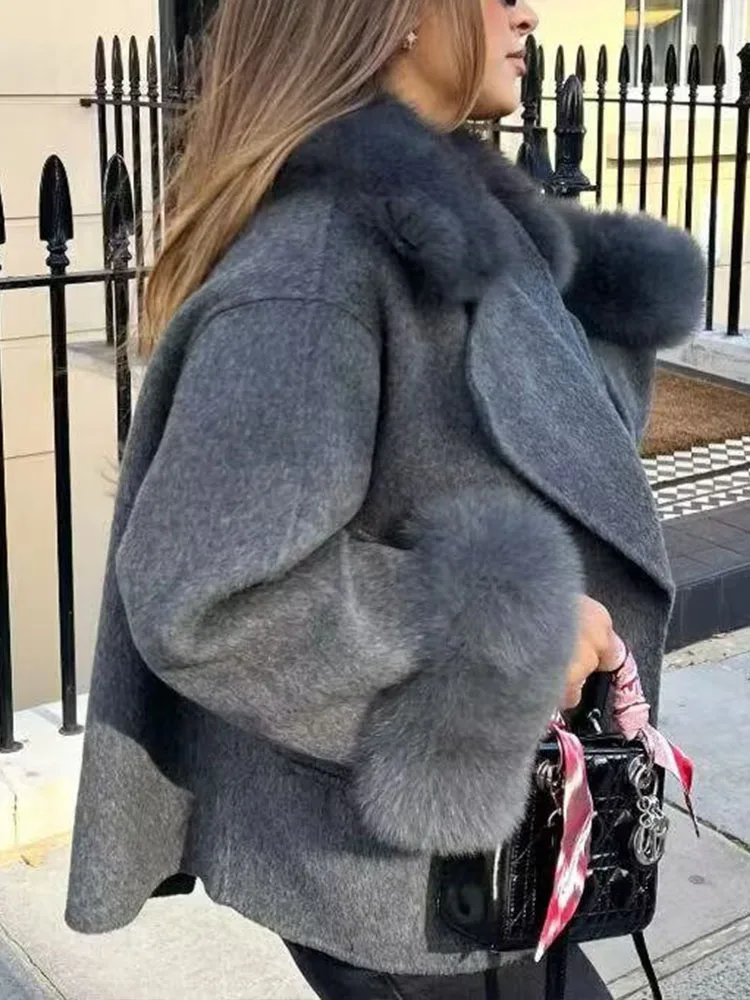 

HH Women's Winter Fashion Loose Versatile Fur Collar Short Jacket Female Temperament High Street Pocket Long Sleeve Coat Mujer