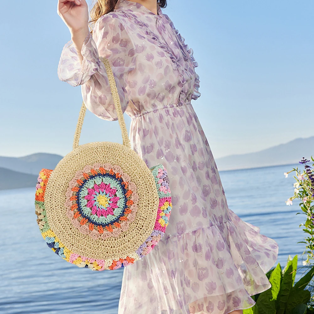 Women Summer Beach Bags Round Straw Woven Tote Bag Weaving Shoulder Bag Large Capacity Ethnic Style for Travel Vacation