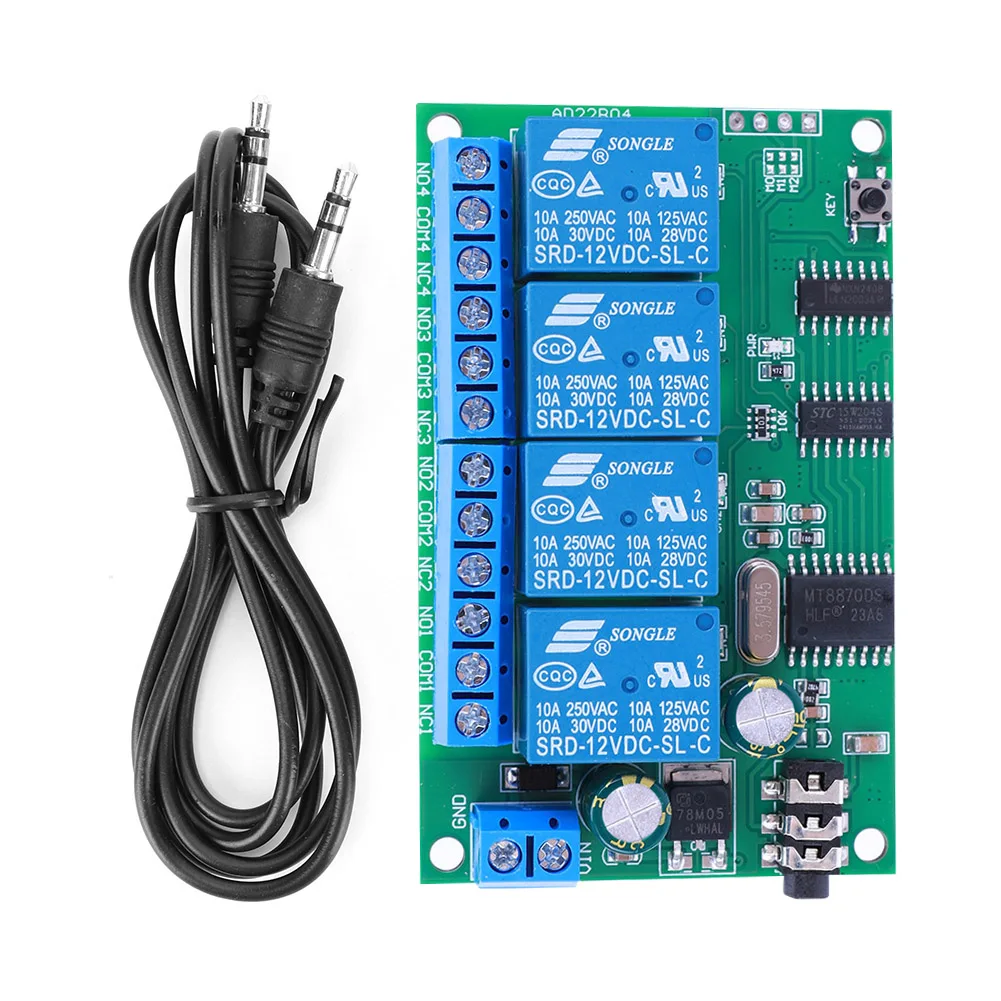 

AD22B04 4 Channel DTMF Audio Signal Decoding Relay Non-Locking/Self-Locking/Interlocking/Time Delay for LED Motor Smart Home