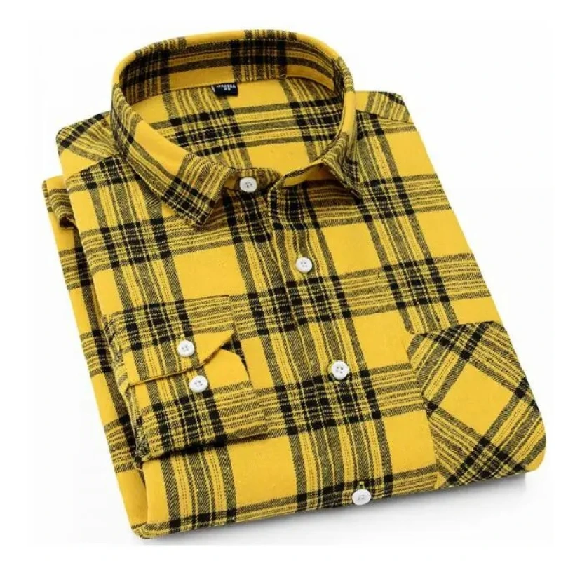 

2026 Men Flannel Plaid Cotton Shirt Chest Pocket Smart Casual Classic Contrast Standard-fit Long Sleeve Shirts