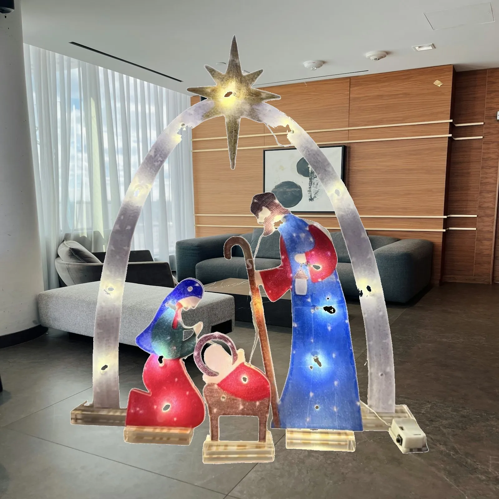 Tabletop Nativity Scene Statue with Light Acrylic Figurines Christmas Home Decor for Shelf Desk Religious Sculpture Ornament Set
