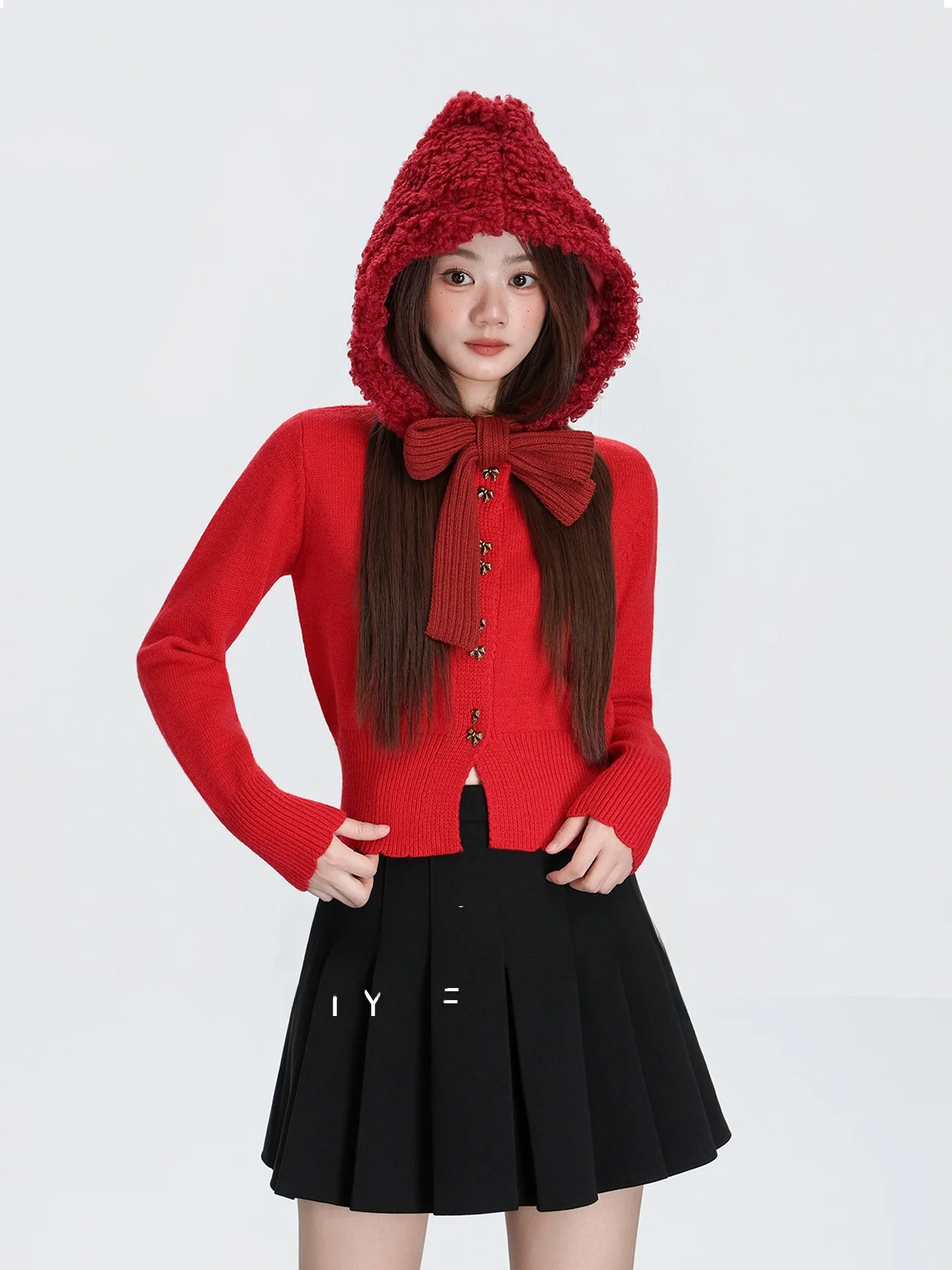 

Красный вязаный кардиган Red Knot для женщин: модный дизайн, осенне-зимняя новинка, французский стиль, свитер с утяжкой на талии