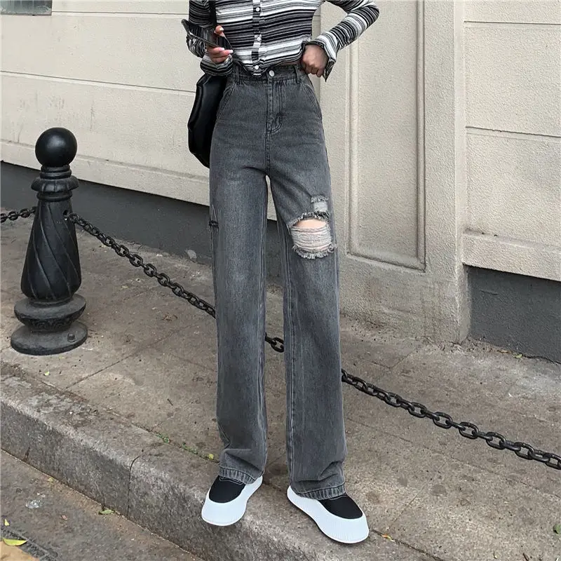 High Waist Women's Grey Jeans Spring and Summer New Korean Straight Tube Loose Hole Fashion Casual Wide Leg Jeans