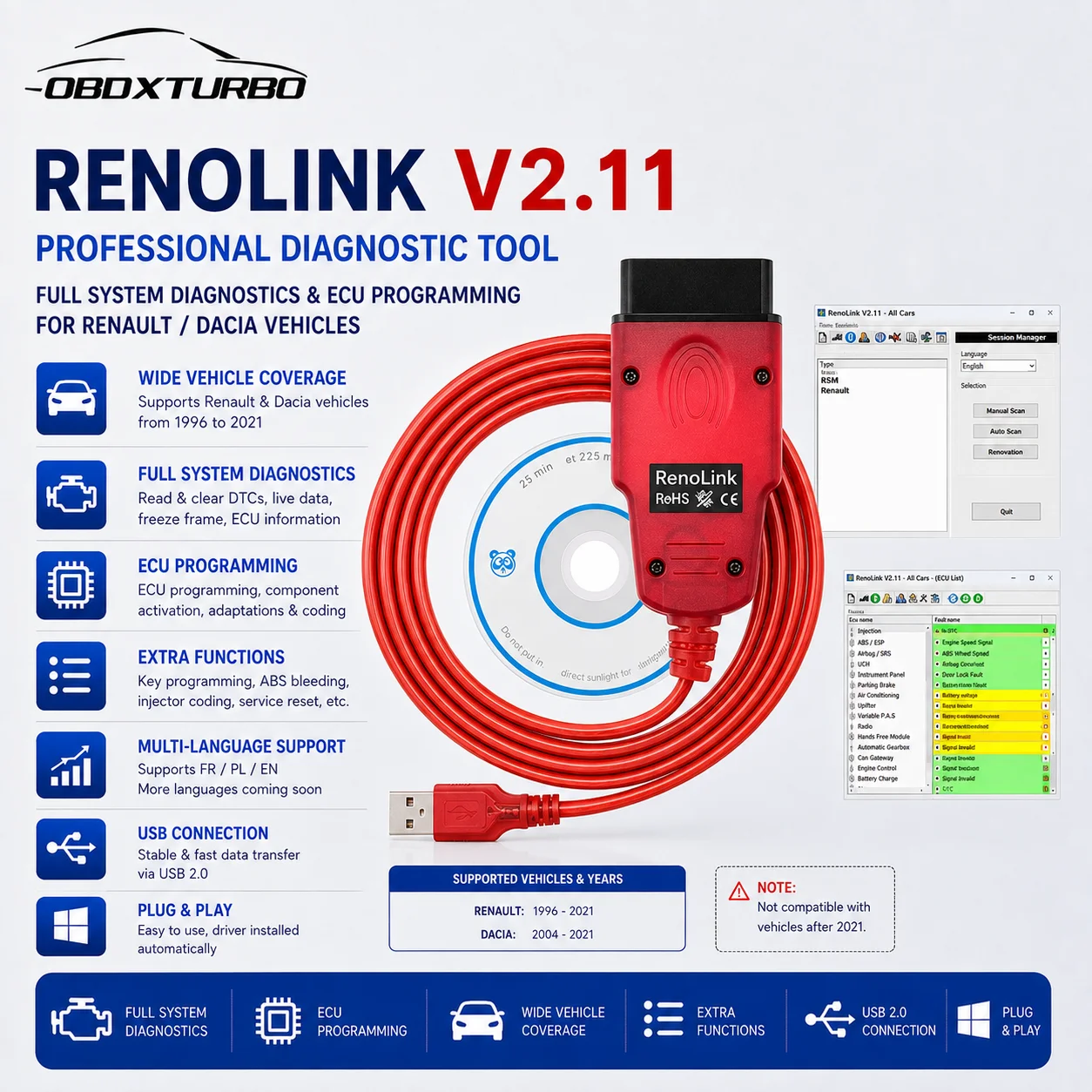 Image of Renolink V2.11 OBD2 USB ECU-Programmiergerät Auto-Diagnosewerkzeug für Renault Dacia IMMO Schlüsselcodierung Airbag-Reset ECM UCH K/M Flash-Daten Lesen Schreiben EEPROM K-Line CAN-Bus