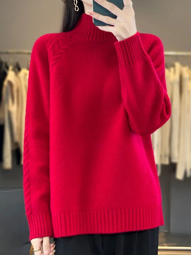

Sweater Elegant Fashion 100% Merino Wool Pullover Women Mock-Neck Long Sleeve Knitwear Basic Fashion Clothing
