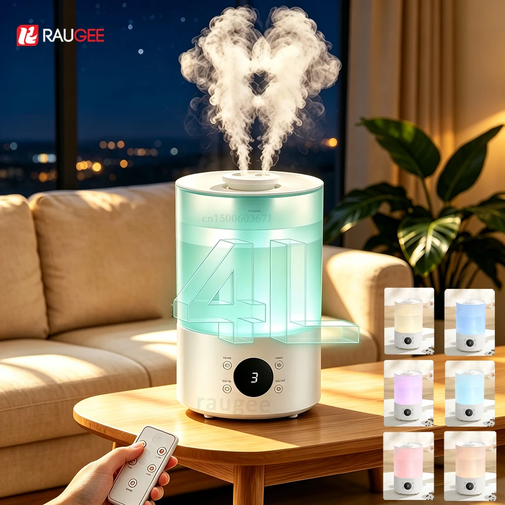 4L Air Humidifier Large Capacity Humidifier Mist Maker With Double Nozzle Remote Control Home Air Humidifier 7 LED Light