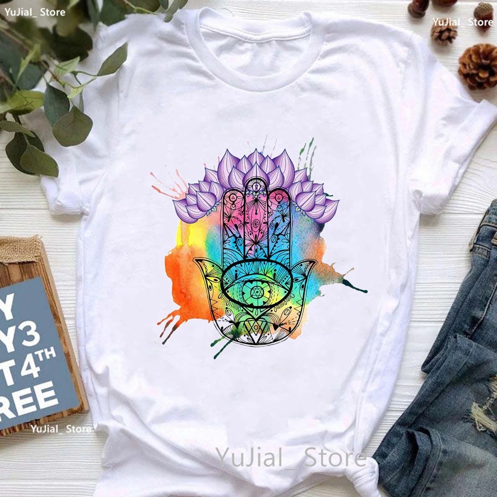 Watercolor Rainbow Meditation Print T Shirt Women Clothes 2024 Funny Namaste Tshirt Femme White Short Sleeve T-Shirt Female