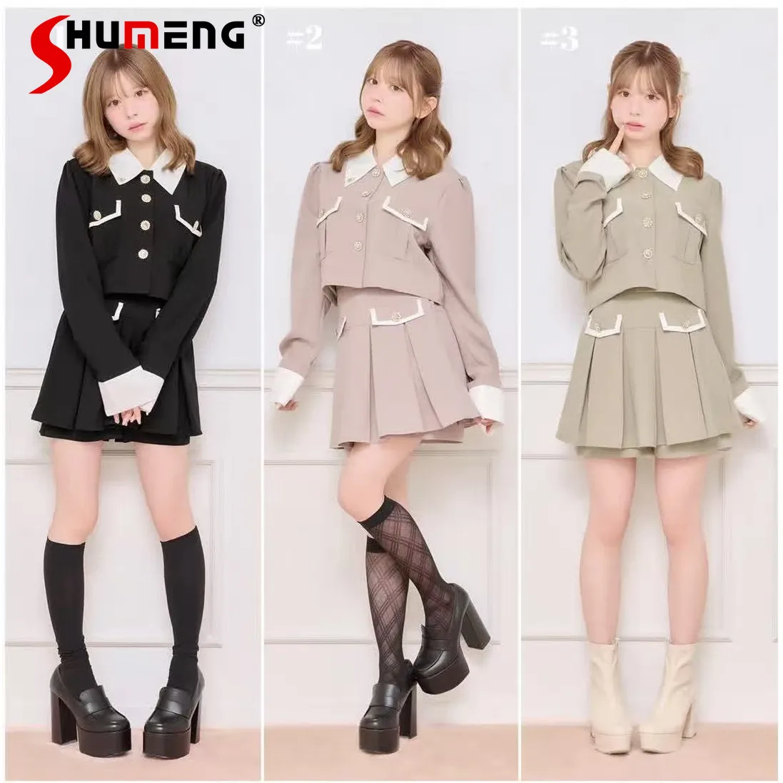 

Japanese Style Sweet Uniform Sets Polo Collar Single-breasted Short Tops High Waist A-line Pleated Skirt Two-piece Set for Women