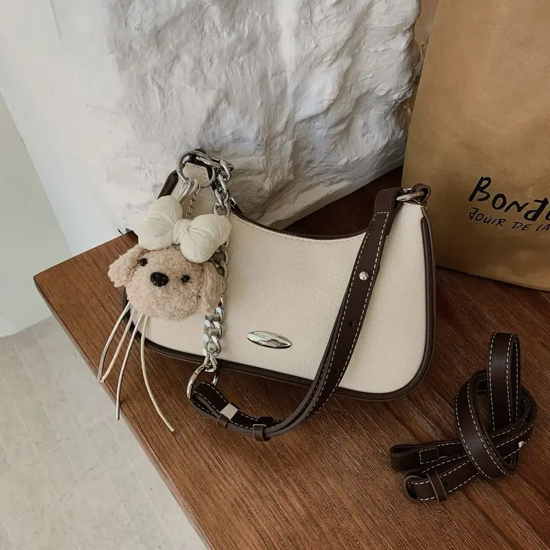 Beige Yellow Blue Denim Crescent Underarm Bag PU Leather Canvas French Vintage Chain Shoulder Crossbody Handbag For Women Girls