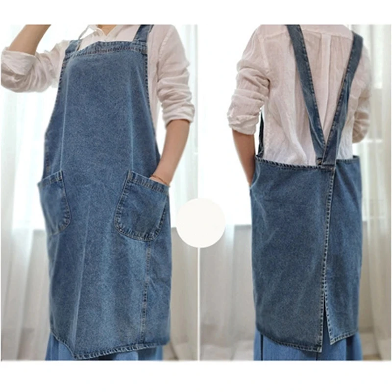 Korean Lady Dress Denim Apron For Woman Cotton Fabric Garden Kitchen Baking Cooking Aprons Household Cleaning Accessories