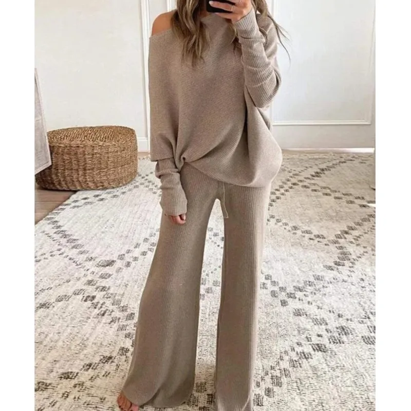 

Autumn Winter Pant Sets Suits Women Outfits Knitted Pullover Off Shoulder Top Wide Leg Pants Two Piece Set Women Tracksuits