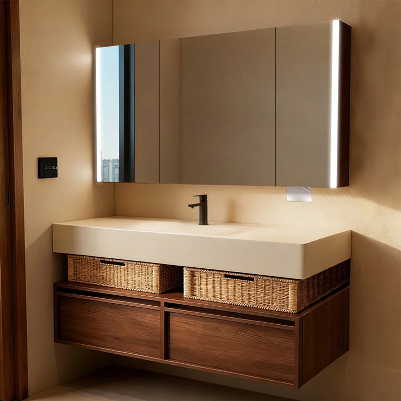 Medieval Style Rock Slab Hot Bending Integrated Basin Hotel Style Bathroom Cabinet Moganshan Multi-layer Solid Wood Washing Tabl