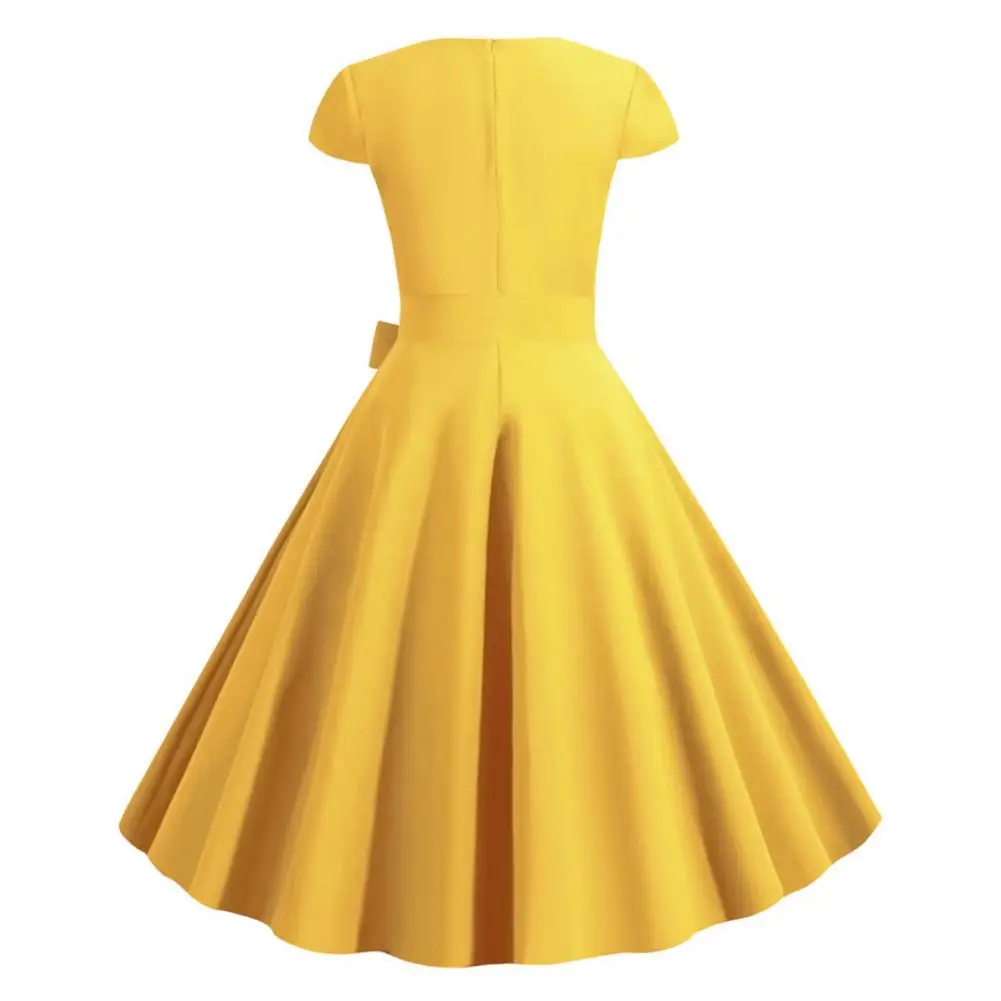 Princess Style Lady Midi Dress Cocktail Dress for Women Vintage 50s 60s Rockabilly Prom Dresses V Neck Belted Bow Party Dress