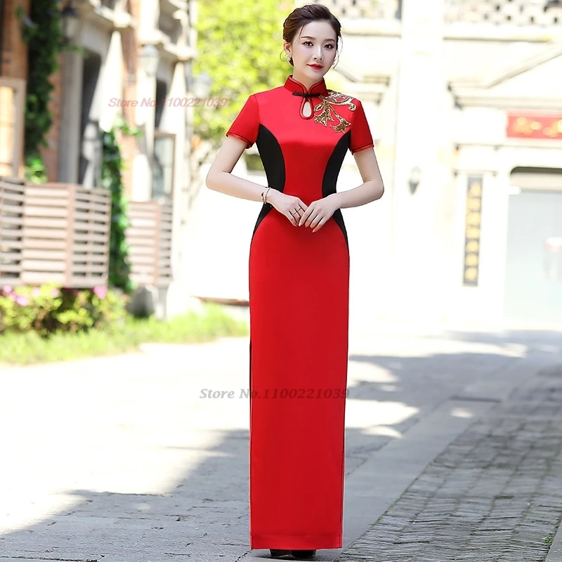 

2026 национальная цветочная вышивка, формальное Ципао, улучшенное торжественное платье Cheongsam, ретро платье для выступления на сцене, банкетное вечернее платье