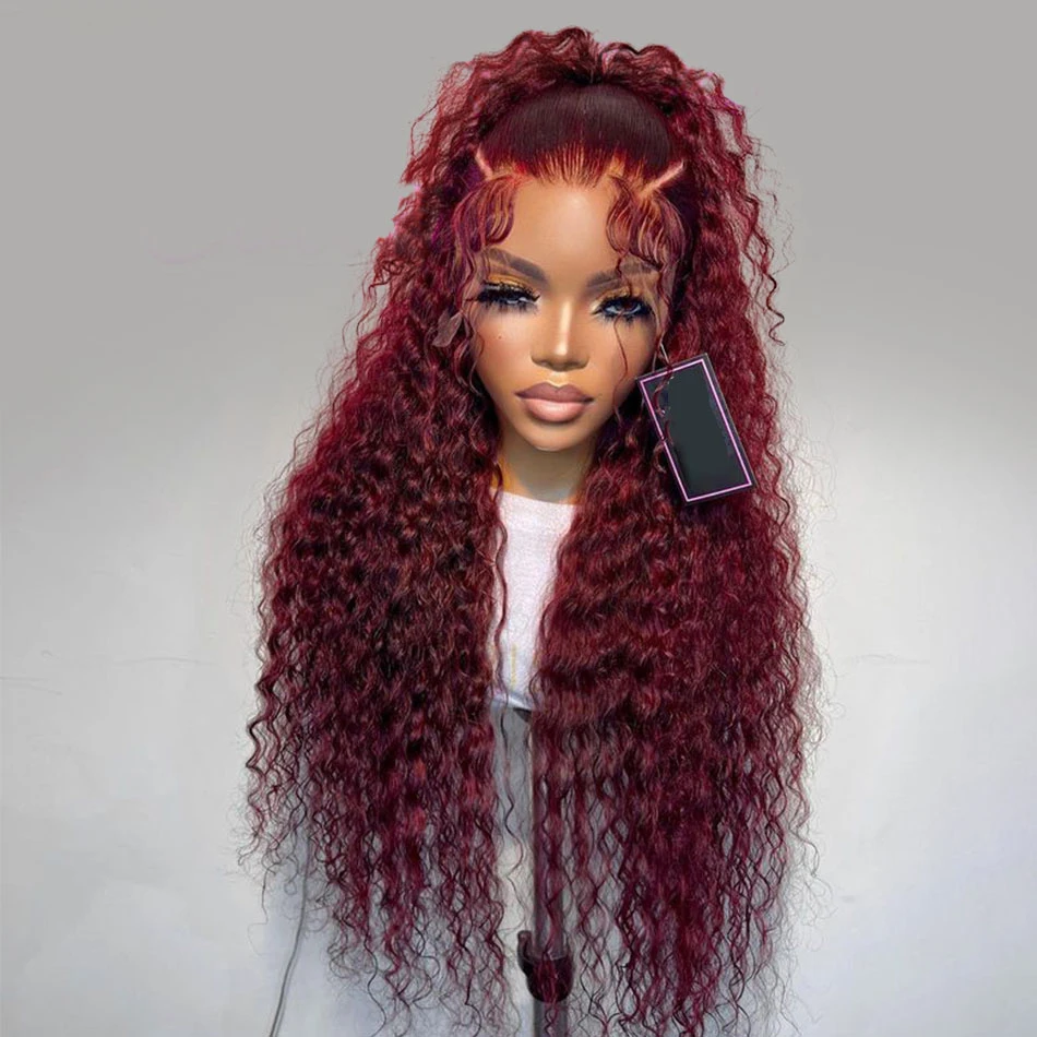 

26Inch Long 180Density Wine Burgundy Kinky Curly Lace Front Wig For Black Women Baby Hair Heat Resistant Glueless Preplucked 99j