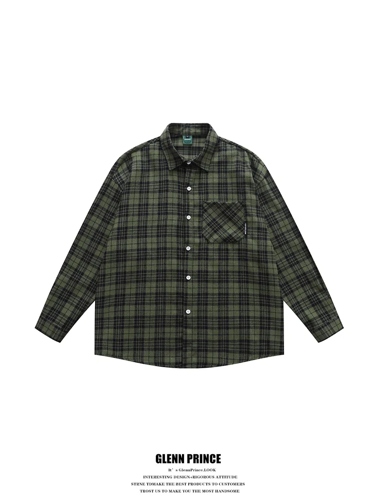 

Loose Long Sleeve Men's Plaid Shirt Vintage Washed Green Cotton Casual Style Autumn Wear Versatile Bf Style GPstudio Vintage
