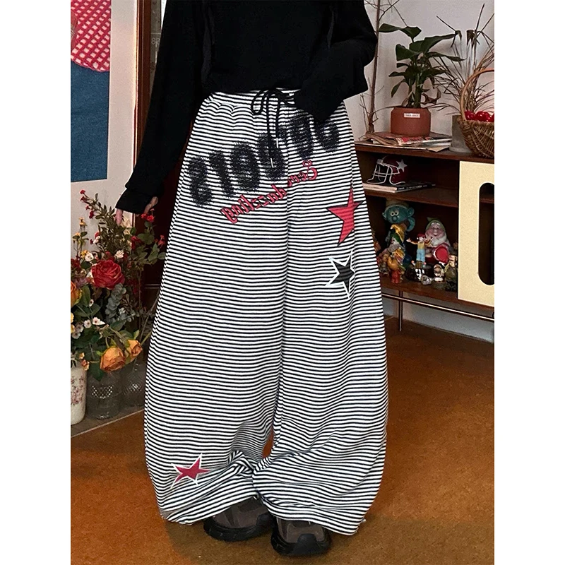 

ZHIZOU American Retro Y2K Graffiti Printed Letter Striped Wide Leg Pants Women Winter Hip-hop Casual Thicken Black Sports Pants
