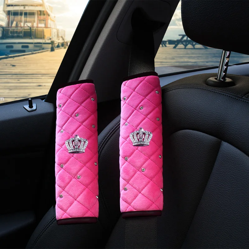 

2pcs Bling Rhinestone Crown Black Pink Car Seat Belt Covers Crystal Plush Seatbelt Strap Styling Shoulder Pads Car Accessories