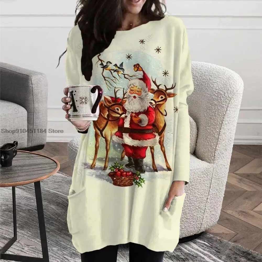 Women\'s T-Shirts Christmas Print Long Sleeves Top Autumn Daily  Loose Long Sleeve Pocket Pullover Women Comfortable Clothing