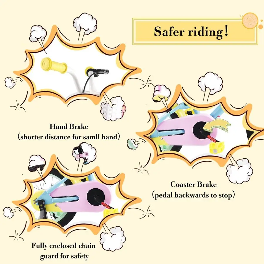Bicicleta para meninas de 3 4 5 anos, bicicleta infantil de 14 polegadas com rodas de treinamento, assento de boneca, cesta, freio de mão para meninas amp Bo