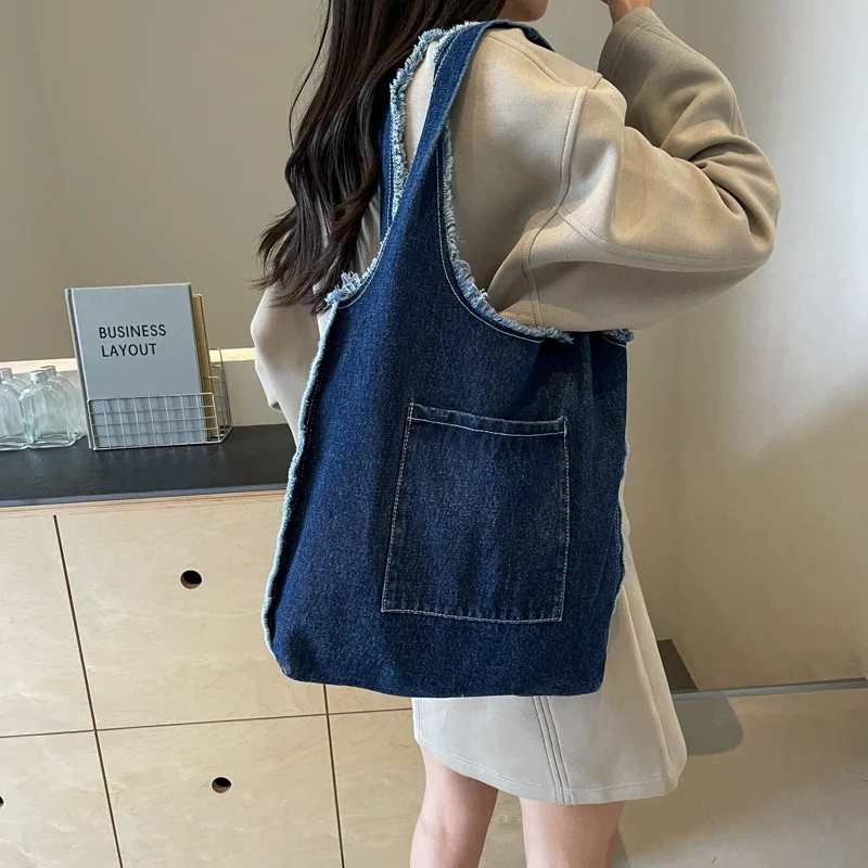 Denim Shoulder Bag For Women Casual Harbor Style Student Commute Large Capacity Tidal Harbor Style Lazy Women's Bag