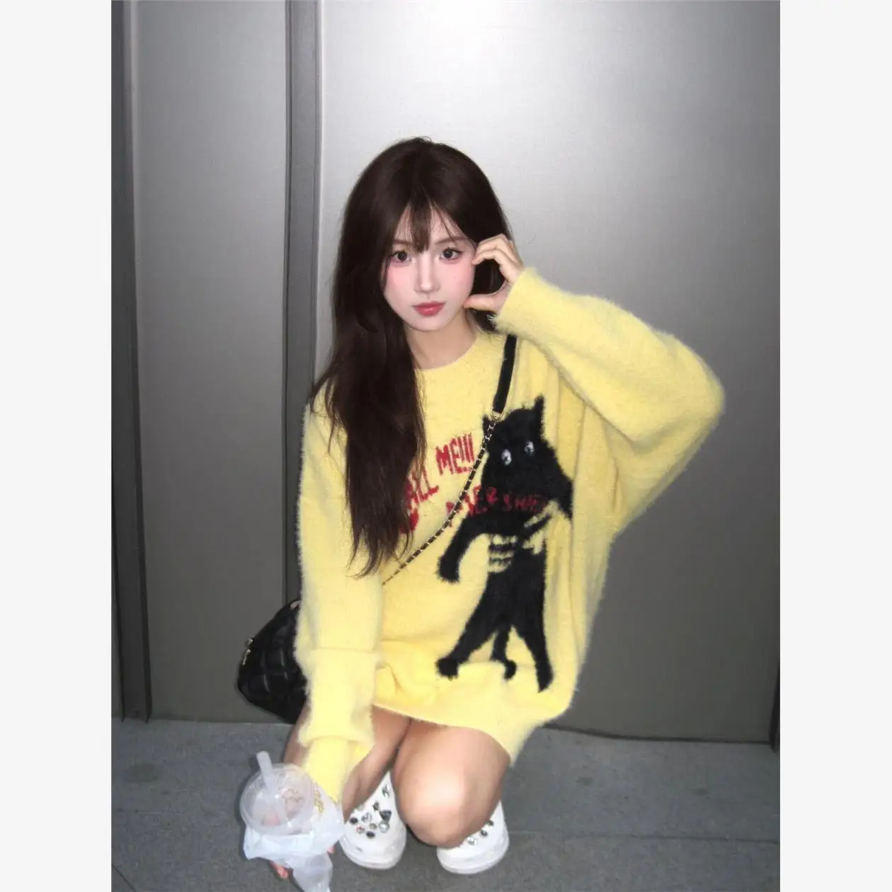 

Korean Sle Cute Cartoon Pattern Loose Knitted Sweater Women's Autumn Winter Y2K Student Faionable Casual round Ne Top