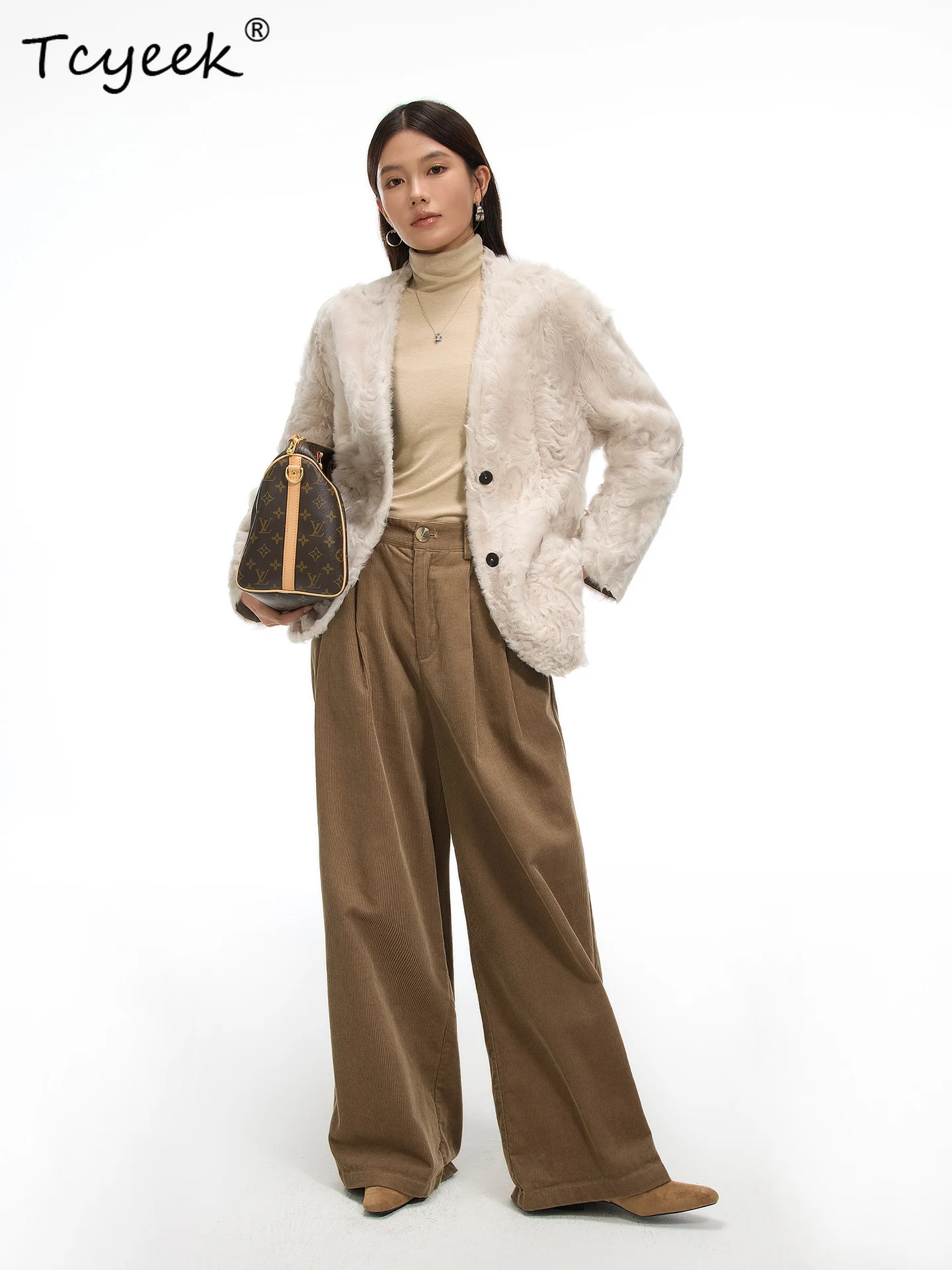 Tcyeek Genuino Lana Autunno Inverno Alla Moda di Fascia Alta Con Scollo A V di Colore Solido delle Donne di Lana Shearling Cappotto di Pelliccia Fourrures Femme
