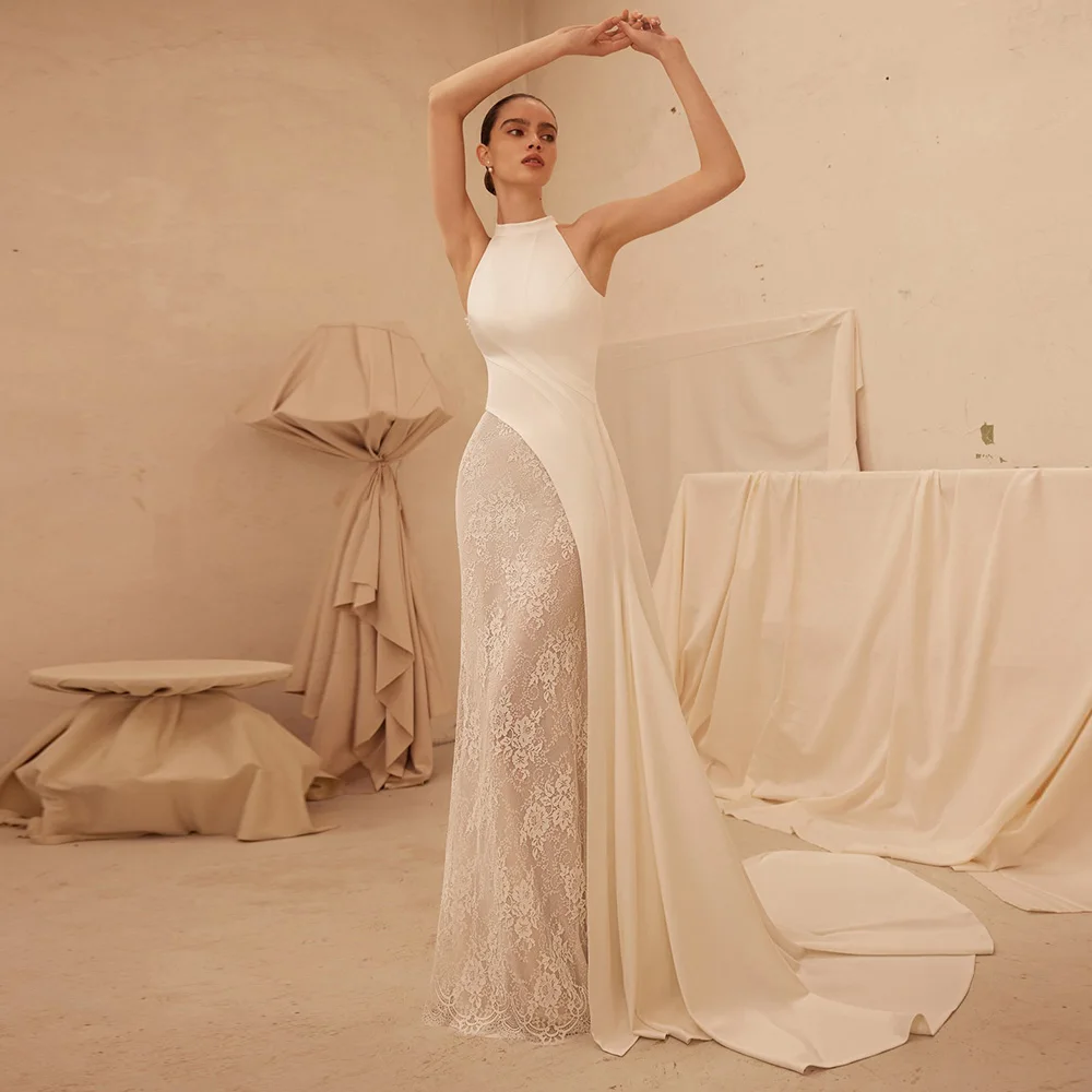 Romantic Women's Dresses Trend 2025	Jersey Sheath/Column Wedding Party Dresses Ivory Turtleneck Lace Draped Wedding Guest Dress