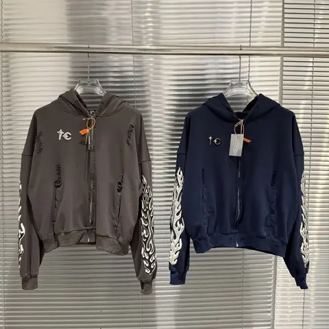 Men Women Wahsed Hole Damaged Loose Hooded Pullover Metal Star Moon Logo Thug Club Embroidery Patch Label Zipper Hoodie Jacket