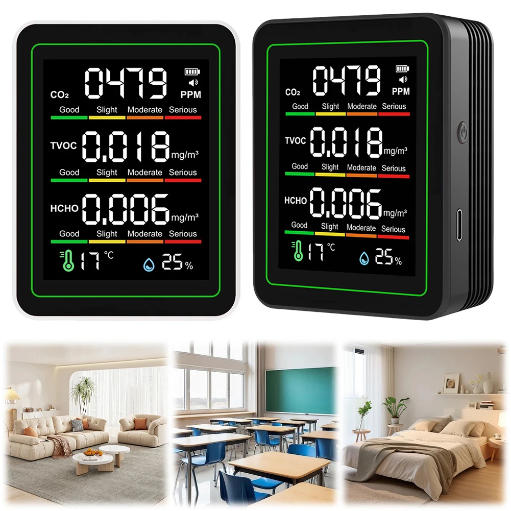 Монитор качества воздуха в помещении 5 в 1, детектор температуры и влажности CO2, тестер TVOC HCHO, измеритель качества воздуха для дома и офиса