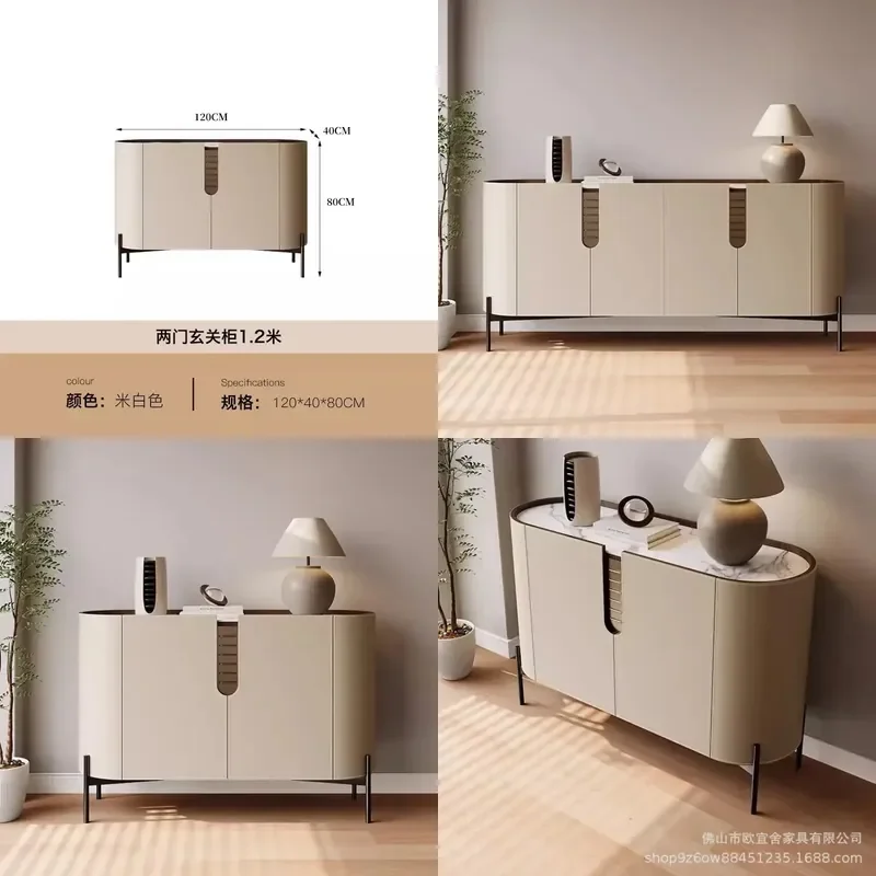  Italian Minimalist Saddle Leather Dining Side Cabinet Bedroom High TV Cabinet Against Wall Light Luxury Door