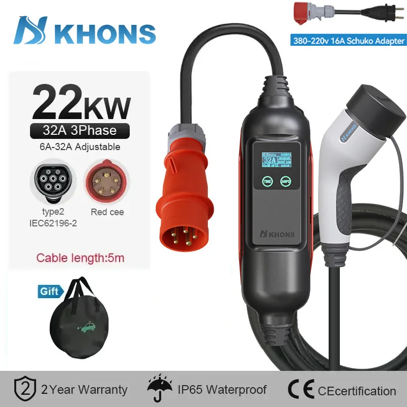 Khons 22kW EV Draagbare Lader Type 2 Elektrische Autolader Laadkabel 32A Driefasige Elektrische Autolader 5m Kabel