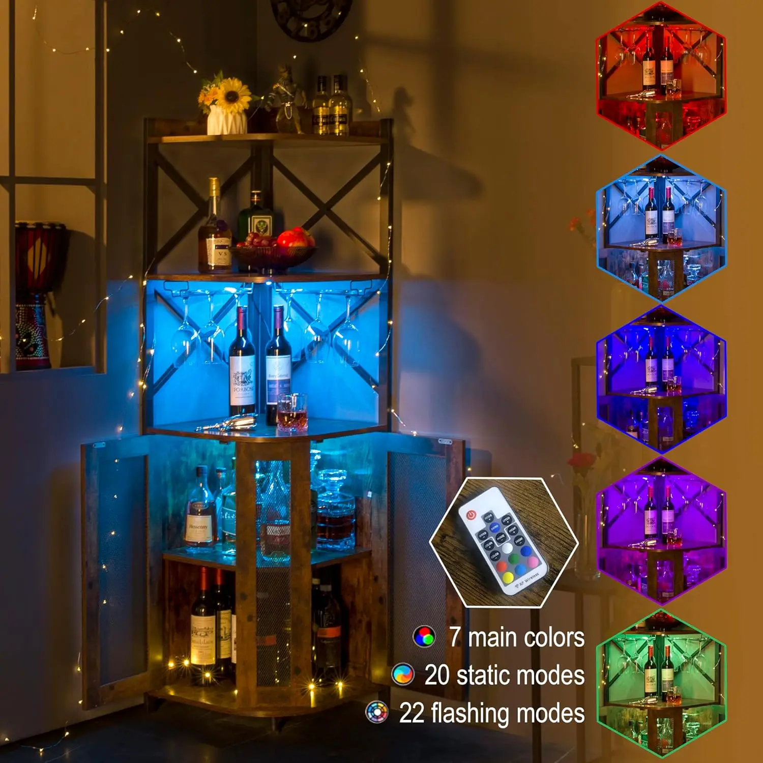 Armário de bar de canto JKsmart com luzes LED, armário de bar de vinho industrial de 5 camadas com suporte de vidro, armário de bebidas de fazenda