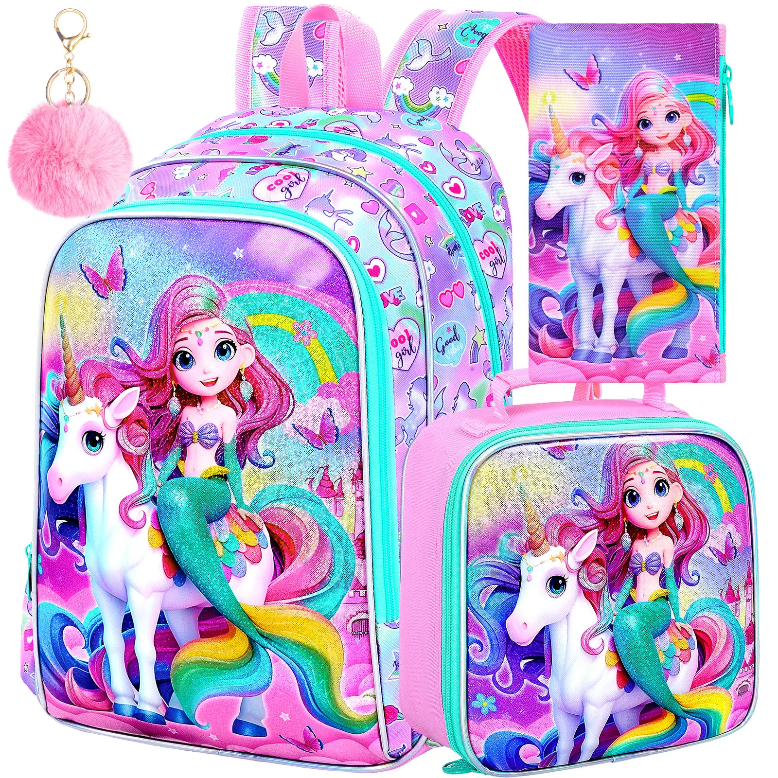 

3PCS Mermaid Backpack for Girls, 16" Kids Backpacks Water Resistant with Lunch Box, Bookbag for Elementary Preschool