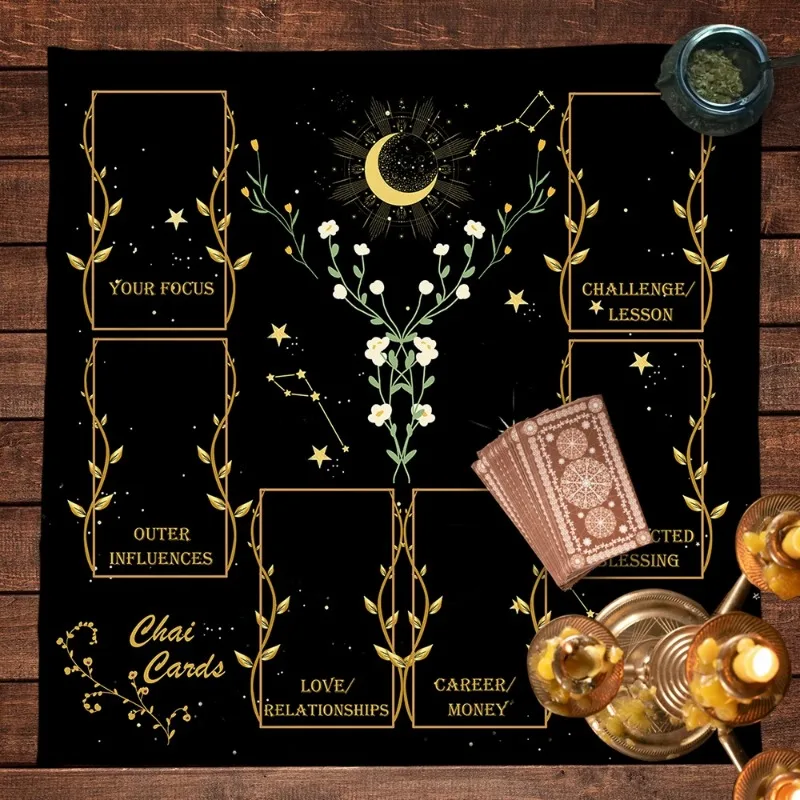 Golden Celtic Cross Tarot Table Cloth Altar Cloth Moon Starry Sky Vibrant Floral Divination Tablecloth For Tarot Mat Witchy Home