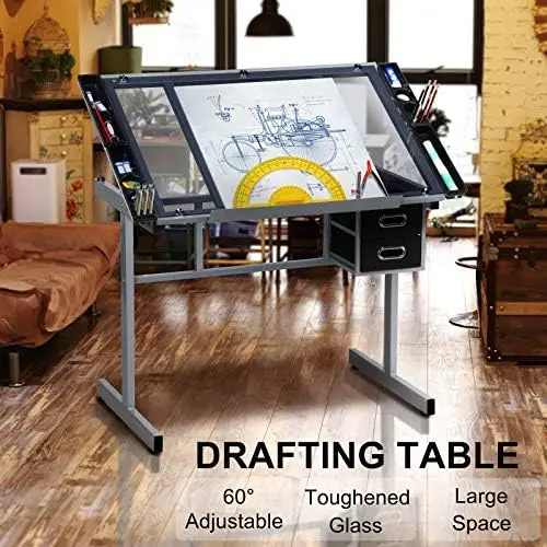 Drawing Desk Adjustable Glass Drafting Study Table for Diamond/Versatile Art Craft Station w/ 2 Slide Rolling Wheels view 4