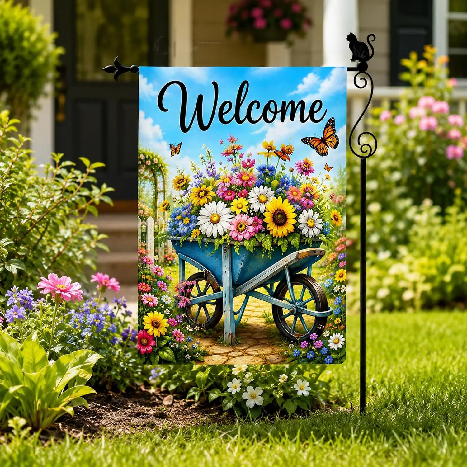 Welcome Wheelbarrow Flower Garden Flag, Double Sided 12 x 18 Inch Burlap Outdoor Yard Flag for Porch Patio Lawn Decor PPZ
