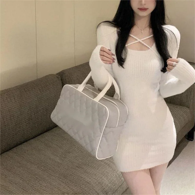 Mink Cashmere Mini Knitting Dresses Women Hotsweet Lady Fall Winter Solid Party Vestidos Casual Slim All-Match Sexy Robe T383