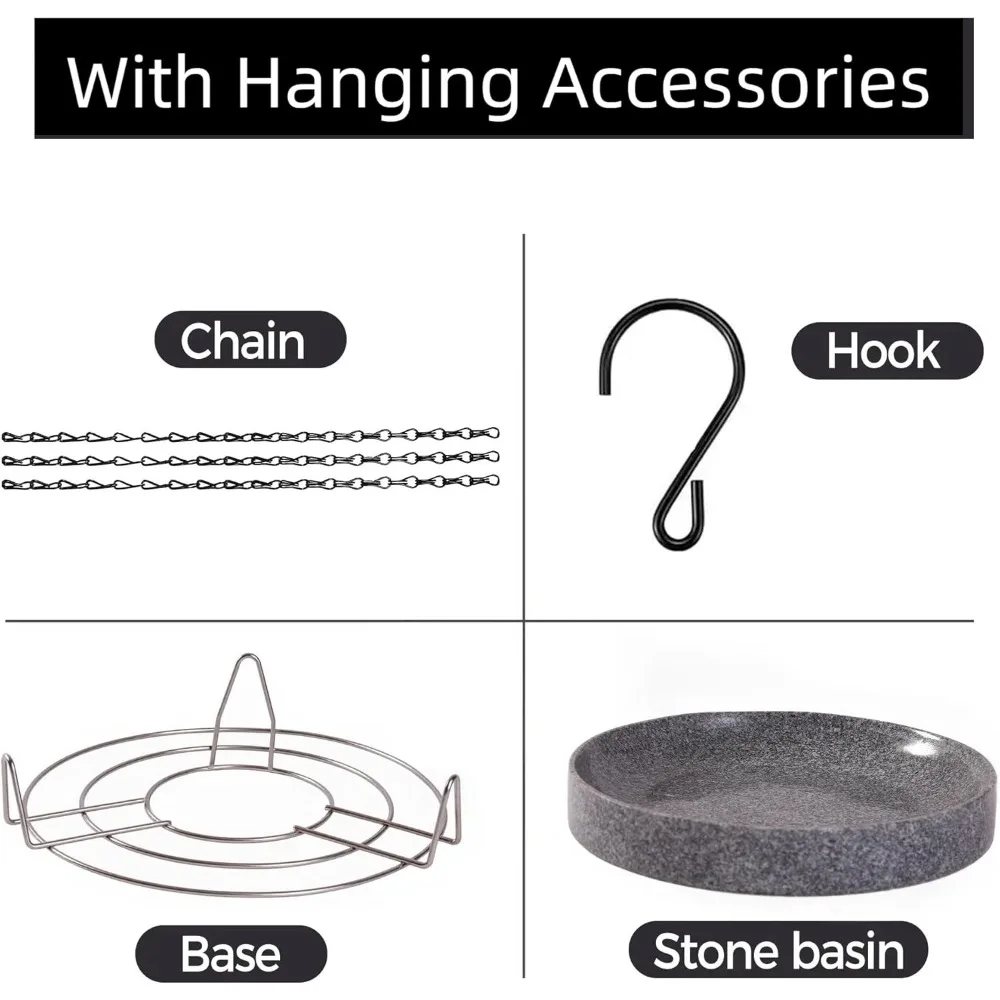 Ciotola da bagno per uccelli in pietra da 10 pollici con catena sospesa e base per giardino, patio o balcone in grigio bianco