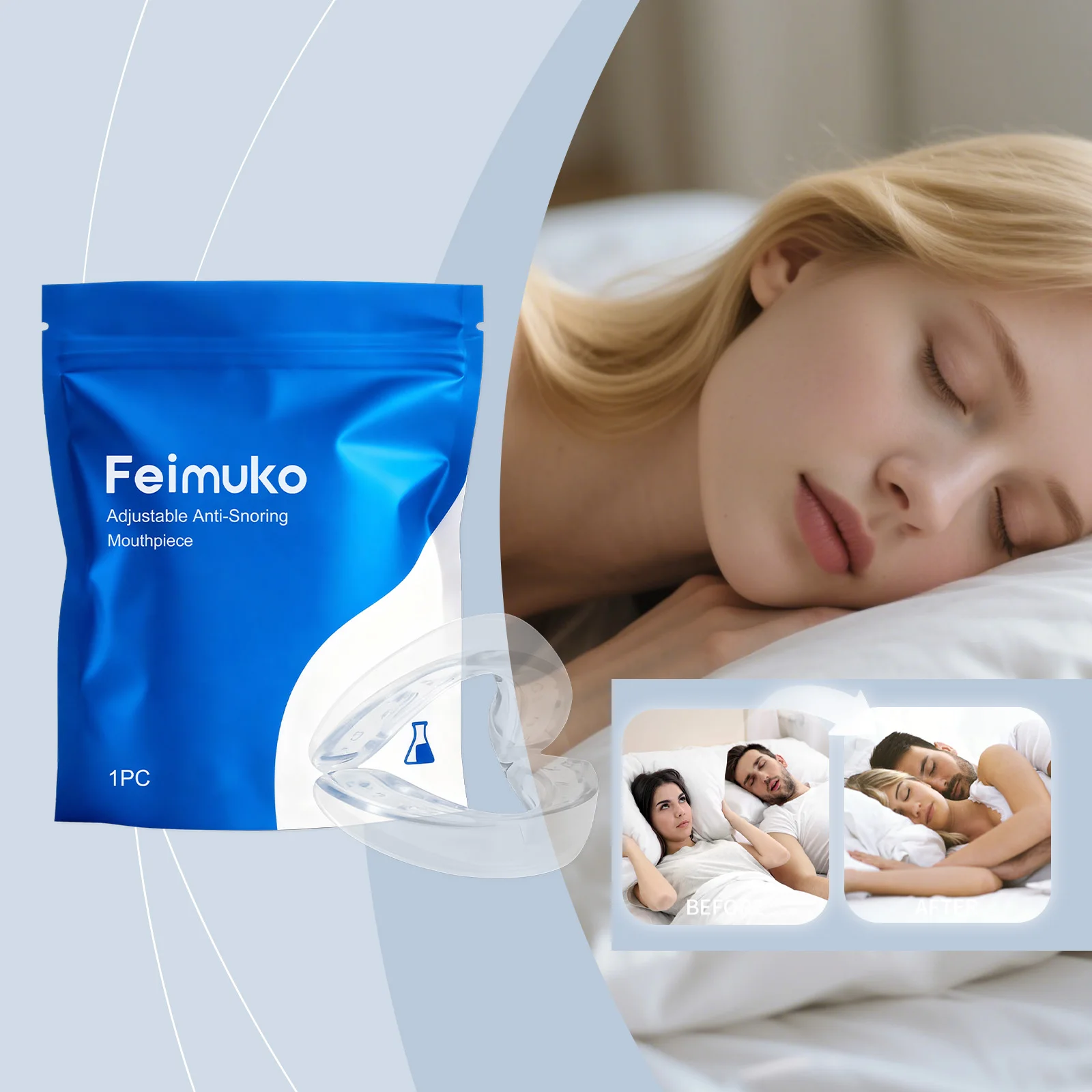 Feimuko Anti Snoring Mouth Guard Comfortable Sleep Teeth Grinding Mouthpiece Portable Travel Sleep Aid Device Smooth Fit Night