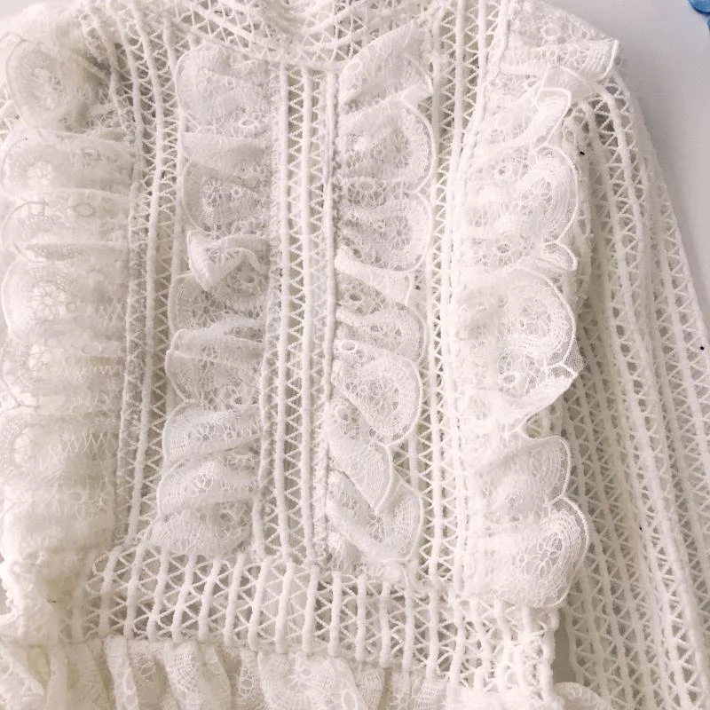 Sweet Hollow Lace Ruffled Shirts Stand Collar Spliced Lace Pleated Blouses 3D Lotus Decor Multi-Layers Long Sleeved OL Tops