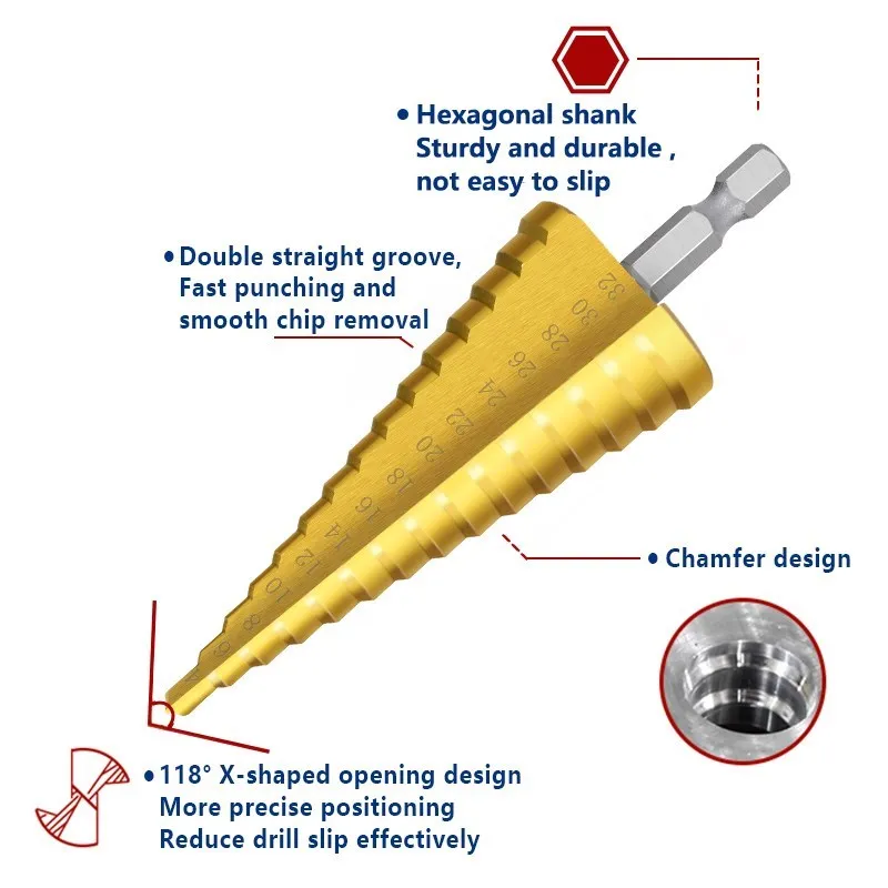 XCAN Step Drill Bit 3pcs 4-12/20/32mm with 1pc Automatic Center Punch Wood Metal Hole Drilling Tool Cutter HSS Drill Bit