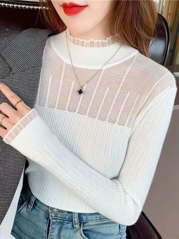 Maglione da donna con collo finto in pizzo Pullover di maglieria trasparente sexy Maglione autunno inverno Maglioni a maniche lunghe morbidi e solidi Donna 1pz