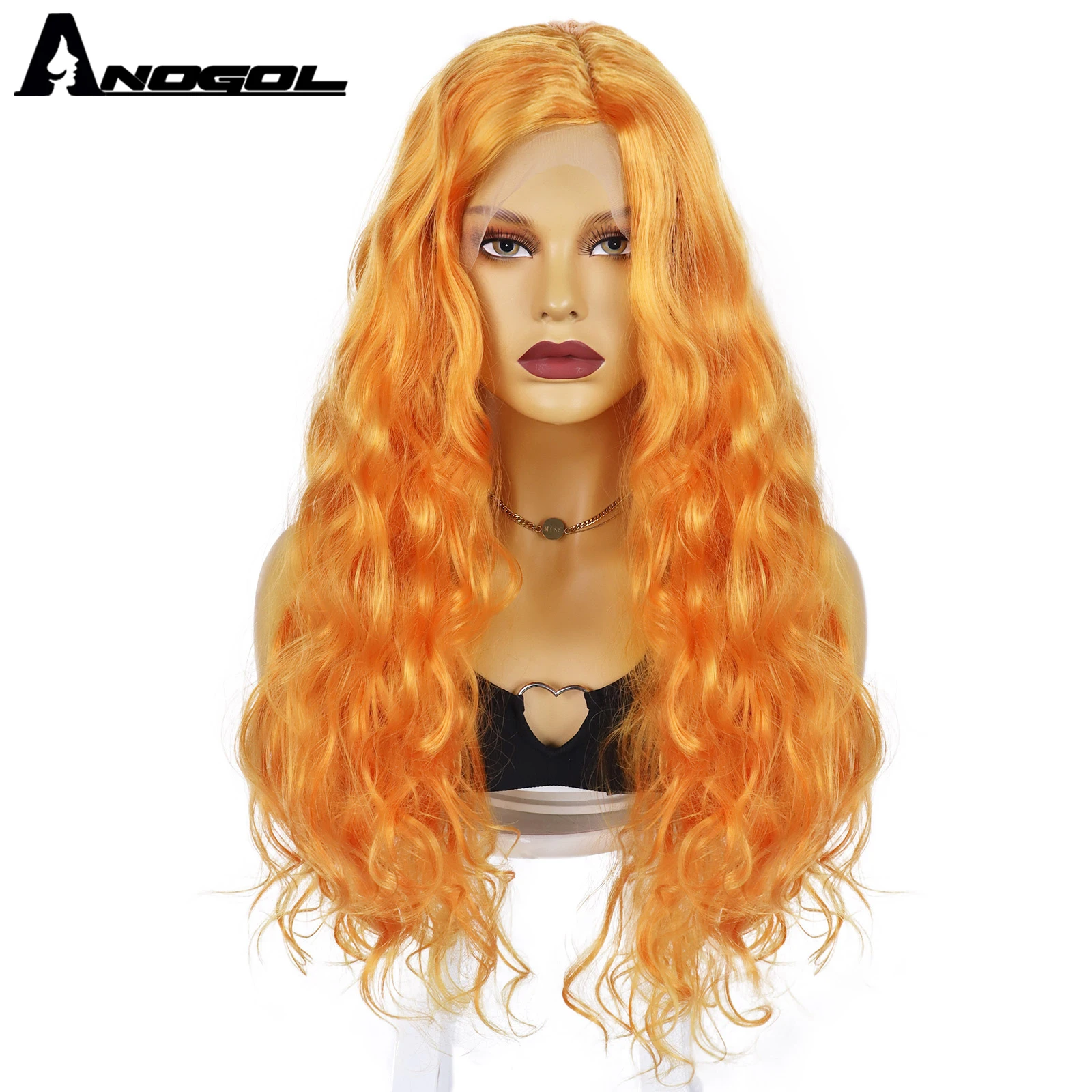 ANOGOL Synthetic 28IN Orange Lace Wig Bright Copper Orange Curly Water Wave 13X1 Lace Wig for Women Cosplay Halloween Party