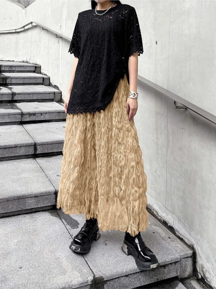 Pleated Mesh Skirt Women High Waist Solid A-Line Sweet Midi Skirts 2024 New Korean Fashion Elastic Waist Elegant Outfit Lady