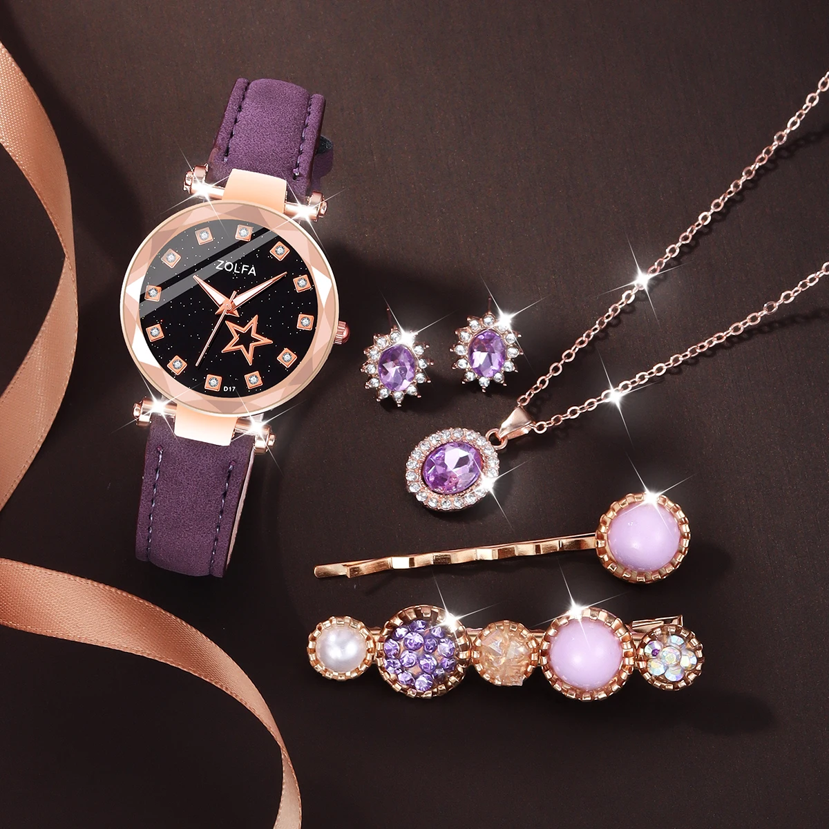 1pcs Star Lady Rhinestone Quartz Watch 5pcs Amethyst Jewelry Hairpin Set for MOTHER'S Day Exclusive Gift