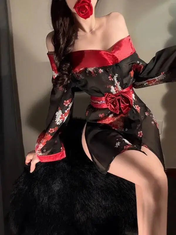 مثير خارج على الكتف ثوب الكيمونو الياباني نمط شفاف مفتوح رداء موحد مجموعة أسود أحمر مع Bowknot حزام الخصر فستان Casaul 8N50 #4